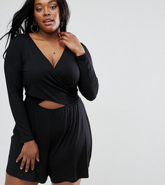 Ромпер с длинными рукавами, запахом и вырезом ASOS CURVE - Черный