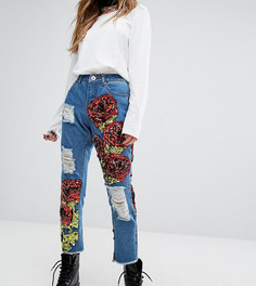 Рваные джинсы с нашивками в виде роз из пайеток One Above Another - Синий