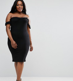 Платье миди с широким вырезом и оборками ASOS CURVE - Черный