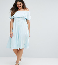 Платье миди с открытыми плечами и оборкой ASOS CURVE - Синий
