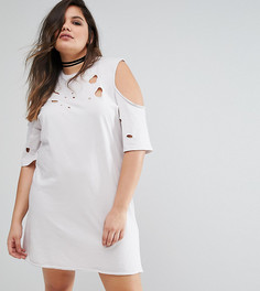 Рваное платье-футболка с вырезами на плечах ASOS CURVE - Бежевый