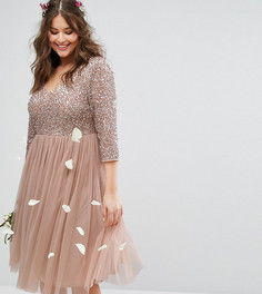 Платье миди с рукавами 3/4, V-образным вырезом и отделкой пайетками Lovedrobe Luxe - Розовый