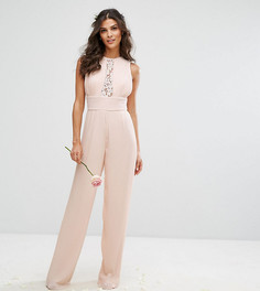 Комбинезон с широкими брюками плиссе и кружевной отделкой TFNC WEDDING - Розовый