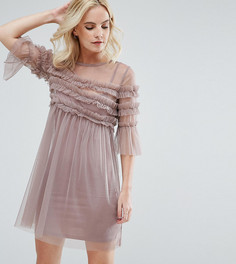 Плиссированное платье из сетки с оборками Miss Selfridge Petite - Розовый