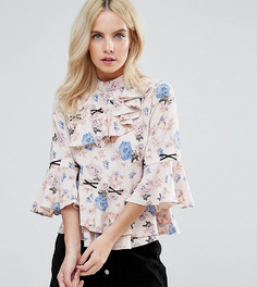 Блузка с асимметричными рюшами, цветочным принтом и контрастной шнуровкой ASOS PETITE - Мульти