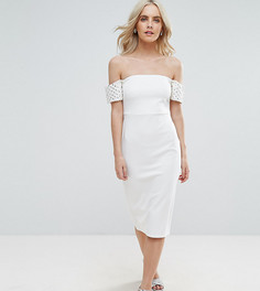 Облегающее платье миди с отделкой на манжетах ASOS PETITE - Белый