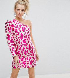 Жаккардовое платье мини на одно плечо с леопардовым принтом ASOS PETITE - Розовый