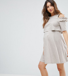Короткое приталенное платье из трикотажа с открытыми плечами ASOS Maternity NURSING - Бежевый