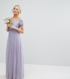 Платье макси с открытыми плечами, отделкой пайетками и юбкой из тюля Maya Petite - Фиолетовый