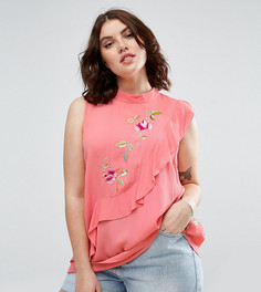 Топ без рукавов с асимметричными оборками и вышивкой ASOS CURVE - Розовый