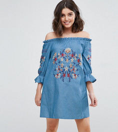 Джинсовое платье с вышивкой и открытыми плечами Parisian Petite - Синий