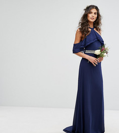 Платье макси с оборками, декорированной талией и шлейфом TFNC WEDDING - Темно-синий