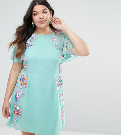 Короткое приталенное платье с цветочной отделкой и рукавами-бабочка ASOS CURVE - Синий