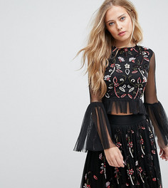 Кроп-топ с отделкой 3D и расклешенными рукавами Lace & Beads - Черный