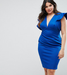 Облегающее платье с V-образным вырезом и оборками Club L Plus - Синий