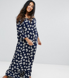 Платье макси с цветочным принтом, открытыми плечами и рукавами 3/4 Rage Plus - Темно-синий