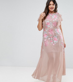 Платье макси с розами и оборками на рукавах Frock And Frill Plus - Розовый