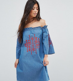 Джинсовое платье с вышивкой и открытыми плечами Parisian Petite - Синий