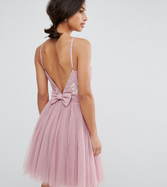 Платье мини для выпускного из тюля с декорированным верхом и бантом на спине Little Mistress Petite - Розовый