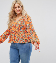 Блузка на пуговицах с баской и цветочным принтом Influence Plus - Оранжевый