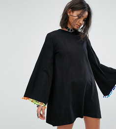 Свободное платье с длинными рукавами и отделкой помпонами Rokoko - Черный
