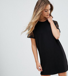 Платье-футболка с кружевными рукавами реглан ASOS PETITE - Черный