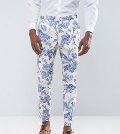 Белые хлопковые брюки скинни с синим цветочным принтом ASOS TALL Wedding - Синий