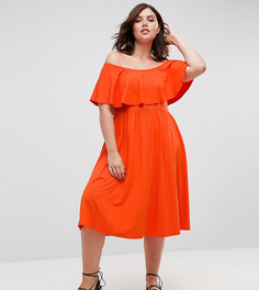 Платье миди с открытыми плечами и оборкой ASOS CURVE - Оранжевый