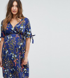 Платье с запахом, цветочным принтом и завязками на рукавах New Look Maternity - Темно-синий