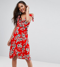 Платье миди с открытыми плечами и цветочным принтом New Look Tall - Красный