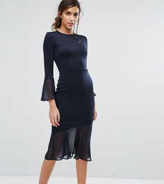 Облегающее платье с расклешенными рукавами и шифоновой вставкой по низу Silver Bloom - Темно-синий