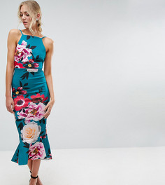 Платье миди с цветочным принтом и оборкой на подоле ASOS TALL - Синий