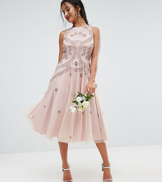 Приталенное платье миди с отделкой бисером ASOS PETITE WEDDING - Розовый
