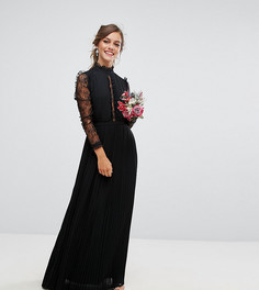 Плиссированное платье макси с высоким воротом и кружевными рукавами TFNC Petite WEDDING - Черный