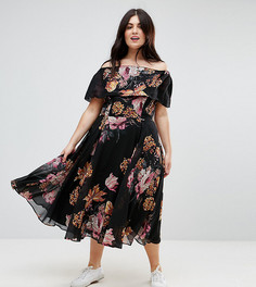 Черное приталенное платье миди со спущенными плечами и цветочным принтом ASOS CURVE - Мульти