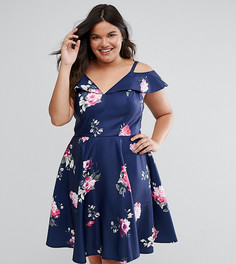 Платье миди с рюшами и вырезами на плечах Chi Chi London Plus - Мульти