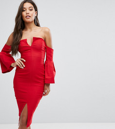 Платье миди с глубоким вырезом и отделкой на рукавах Vesper - Красный
