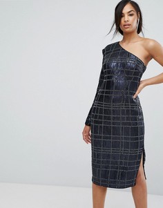 Платье-футляр с одним рукавом и сплошной отделкой Misha Collection - Темно-синий