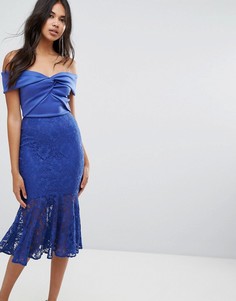 Платье миди с перекрученным лифом и кружевной юбкой ASOS - Синий