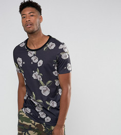 Длинная футболка с глубоким вырезом и цветочным принтом ASOS TALL - Черный