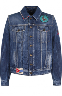 Джинсовая куртка на пуговицах с потертостями и контрастными нашивками Saint Laurent