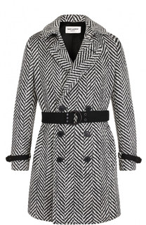 Двубортное шерстяное пальто с поясом Saint Laurent