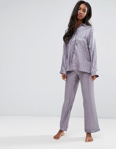 Атласный пижамный комплект с рубашкой и штанами в полоску Boux Avenue - Темно-синий