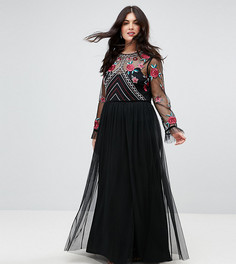 Премиум-платье макси с длинными рукавами и вышивкой Frock And Frill Plus - Черный