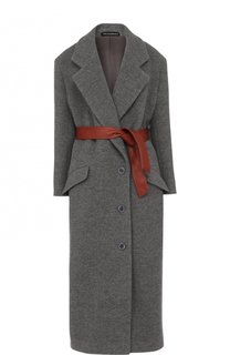 Шерстяное пальто с контрастным кожаным поясом Vika Gazinskaya
