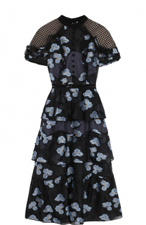 Приталенное платье с цветочным принтом и открытой спиной self-portrait