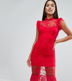 Кружевное платье миди с оборкой и высокой горловиной NaaNaa - Красный