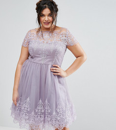 Платье миди с кружевным лифом и тюлевой юбкой Chi Chi London Plus - Фиолетовый