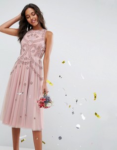 Приталенное платье миди с открытой спиной и отделкой бисером ASOS WEDDING - Розовый