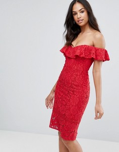 Кружевное платье-футляр с оборками Little Mistress - Красный